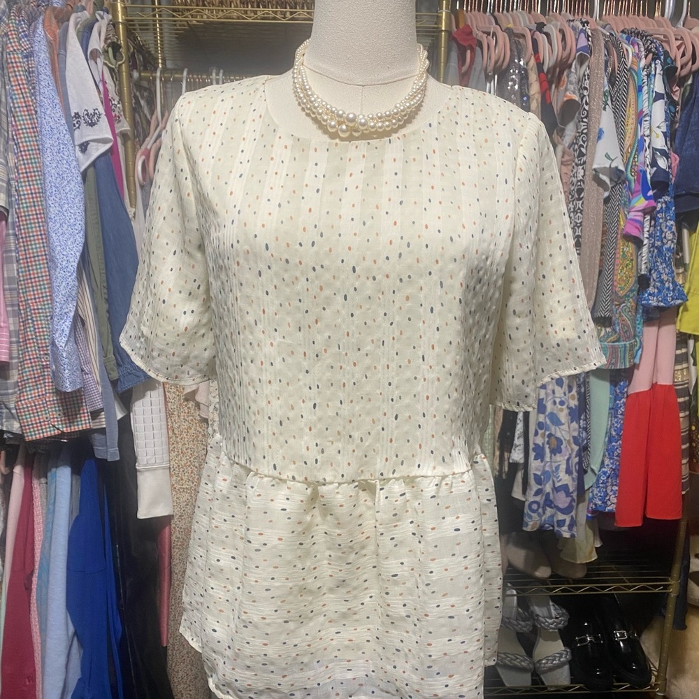 POLAGRAM Cream Multi Color Dot Pleated Peplum Blouse Top Size Small